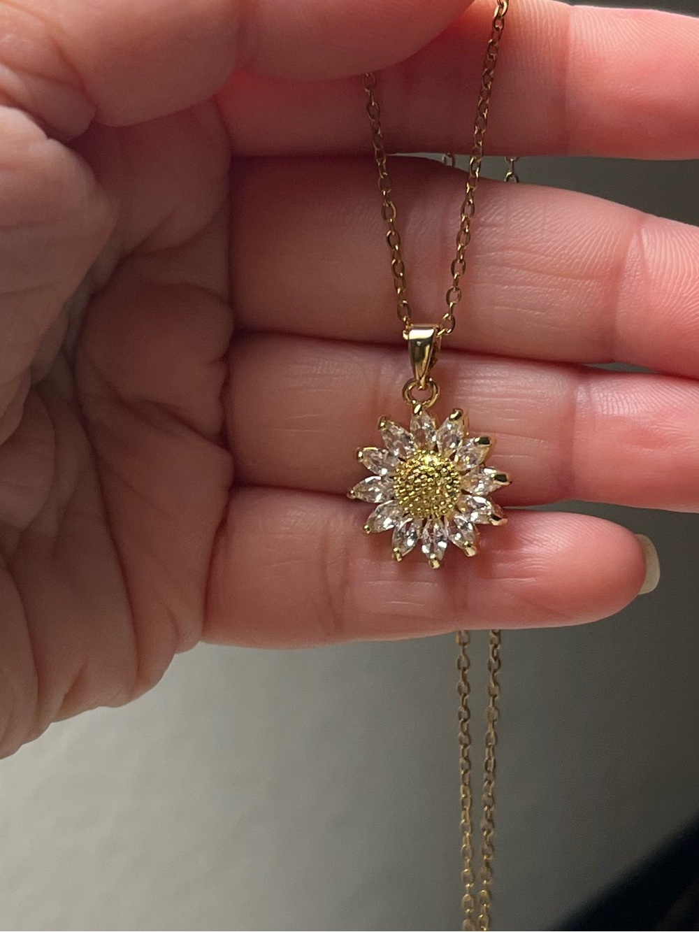 Gold Tone Stainless steel CZ Sunflower Pendant Necklace